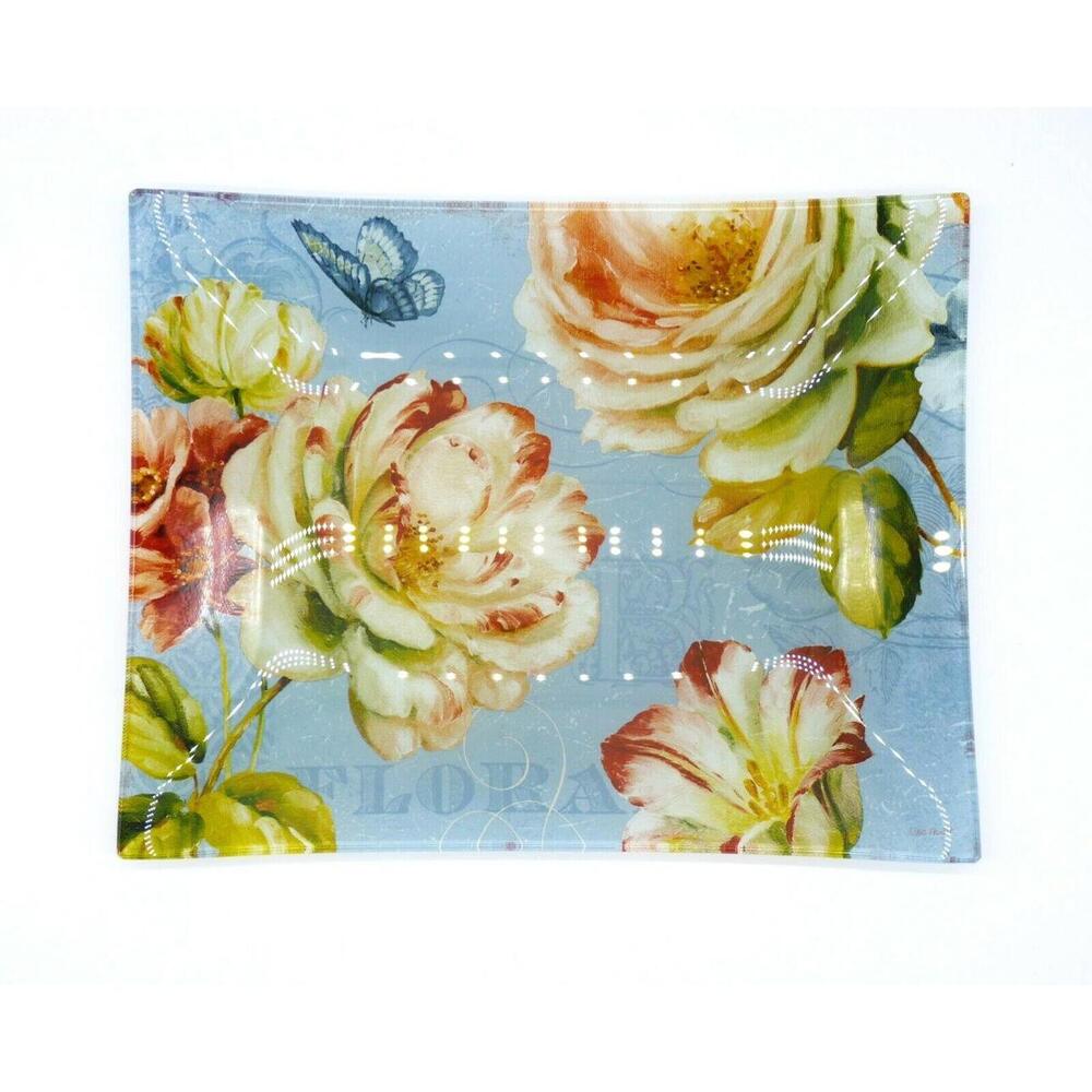 Lisa Audit Rectangular Glass Tray 12.5" Roses Butterfly Watercolor Floral Art
